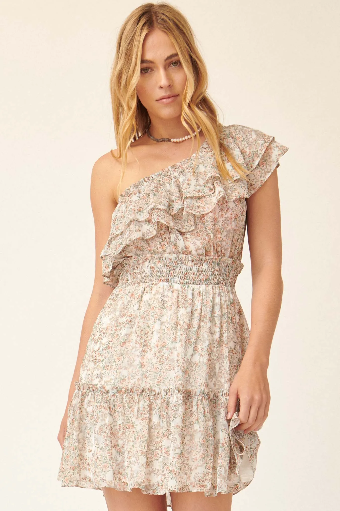 At Last Ruffled One-Shoulder Floral Mini Dress