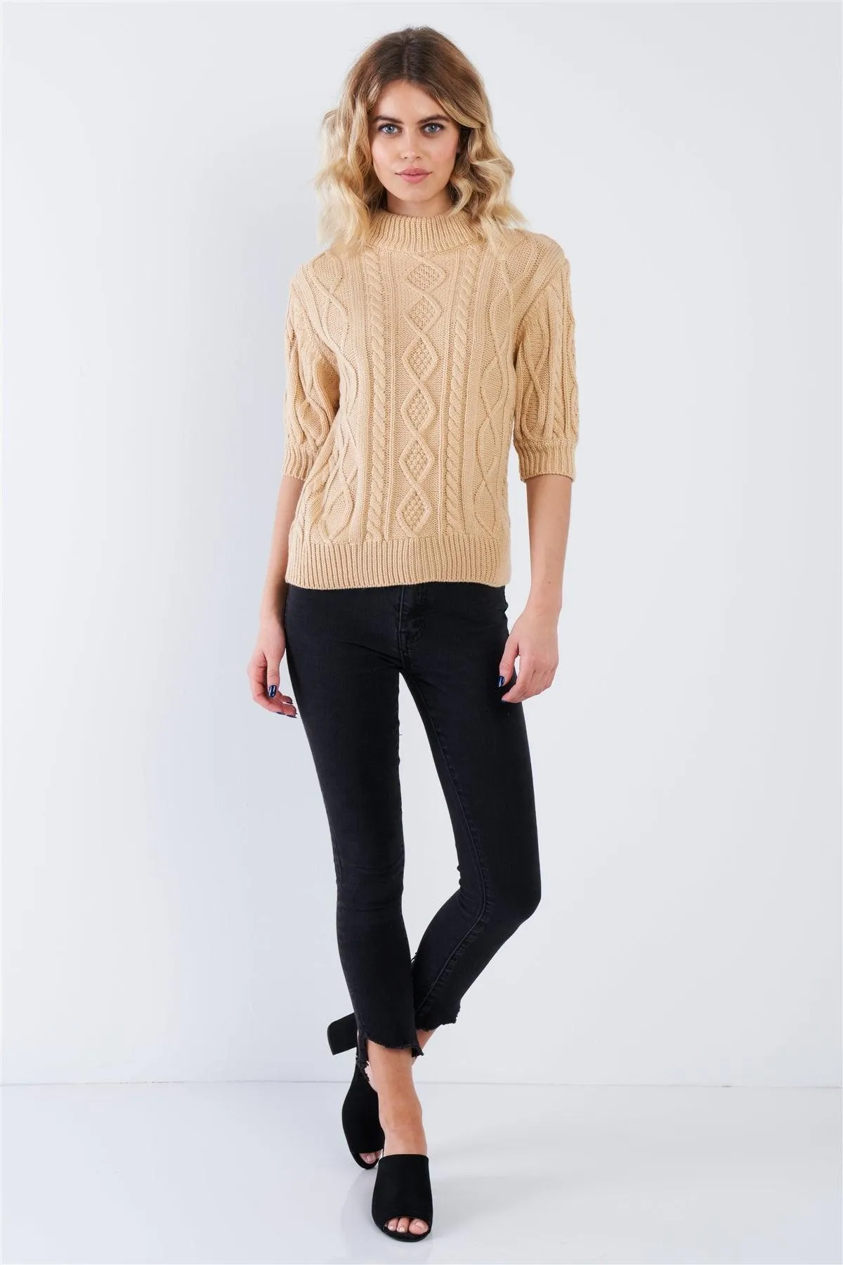 Beige Cable Knit Casual 3/4 Sleeve Mock Neck Chic Sweater  /3-2-1