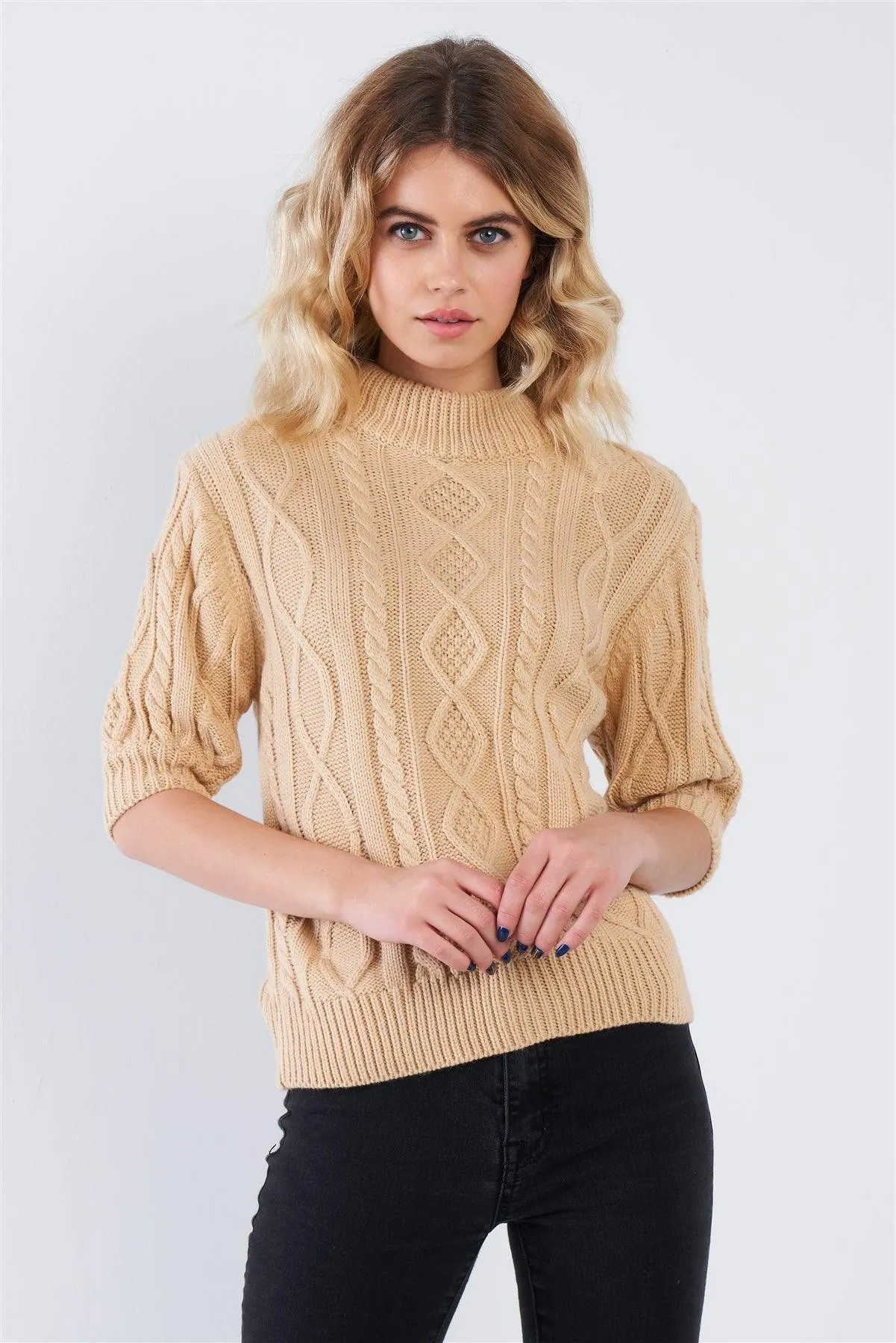 Beige Cable Knit Casual 3/4 Sleeve Mock Neck Chic Sweater  /3-2-1