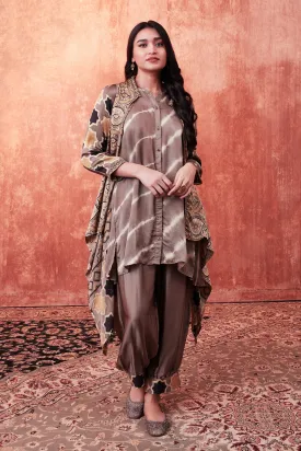 Beige Multicolor Ajrakh Printed Habutai Silk Cape Suit Set