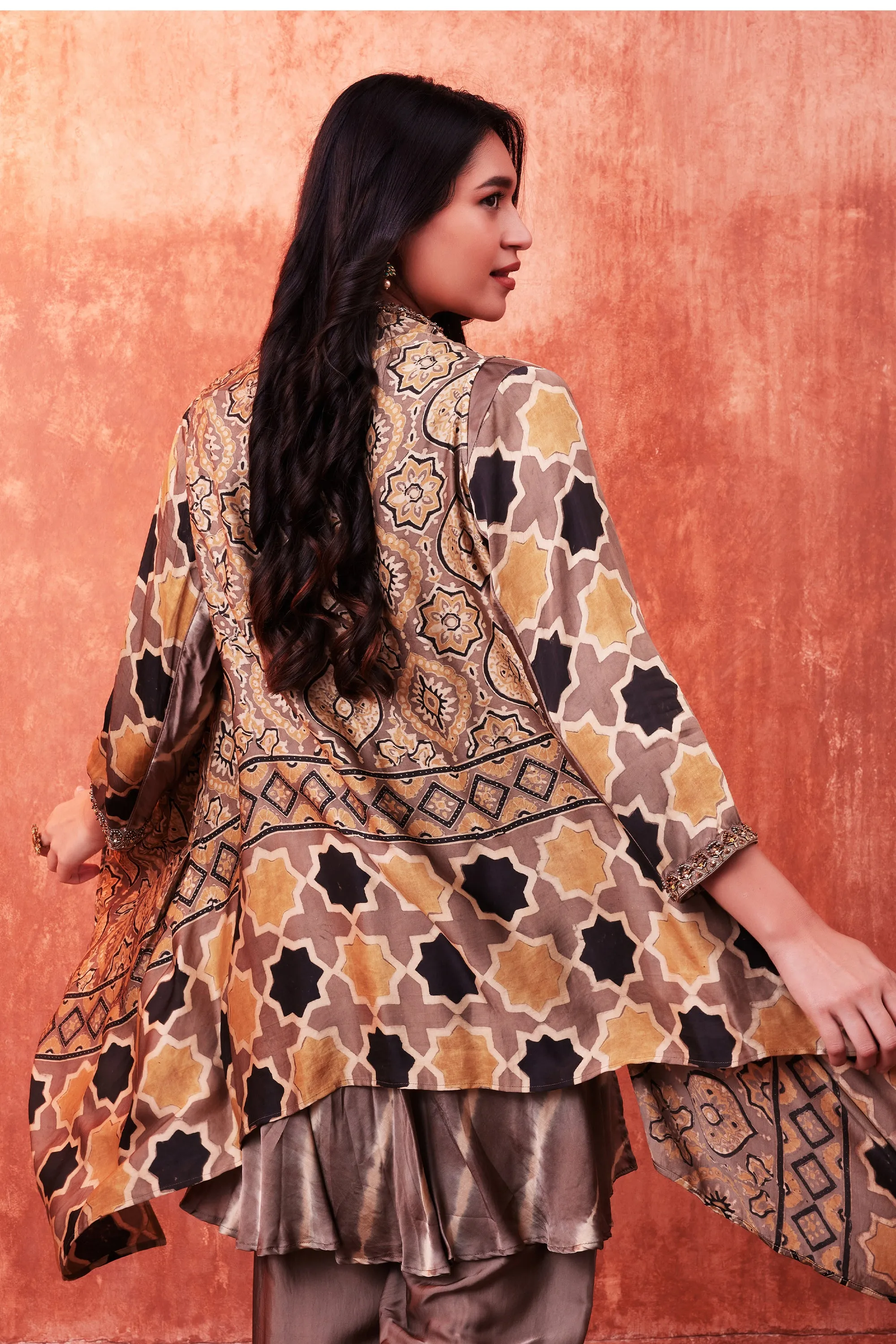 Beige Multicolor Ajrakh Printed Habutai Silk Cape Suit Set