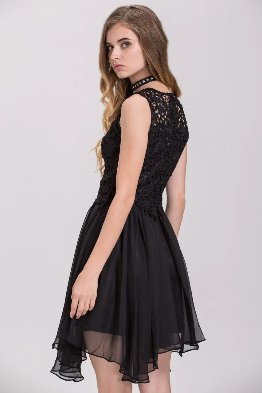 Black Embroidered Lace Chiffon Princess Mini Dress