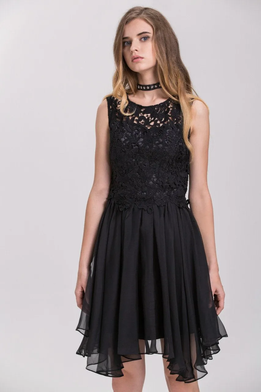 Black Embroidered Lace Chiffon Princess Mini Dress