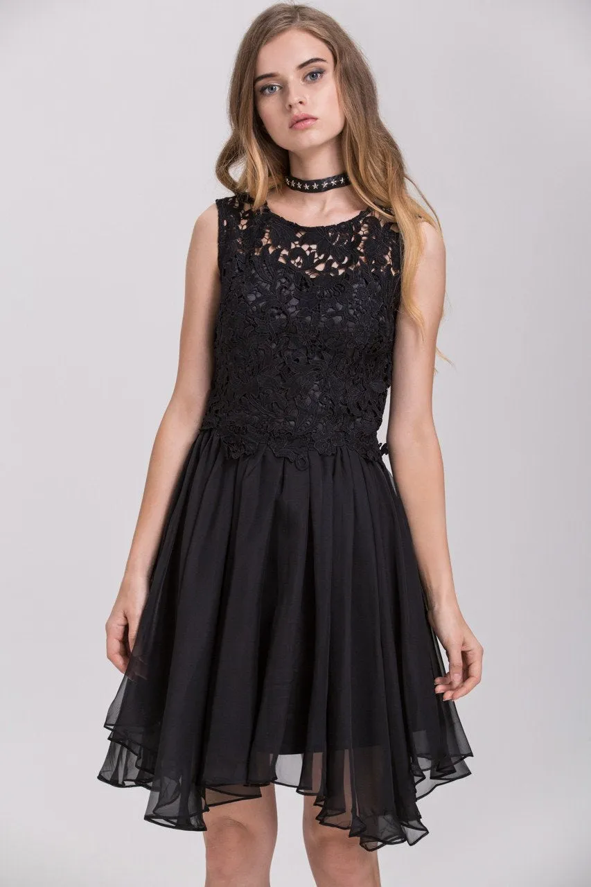 Black Embroidered Lace Chiffon Princess Mini Dress