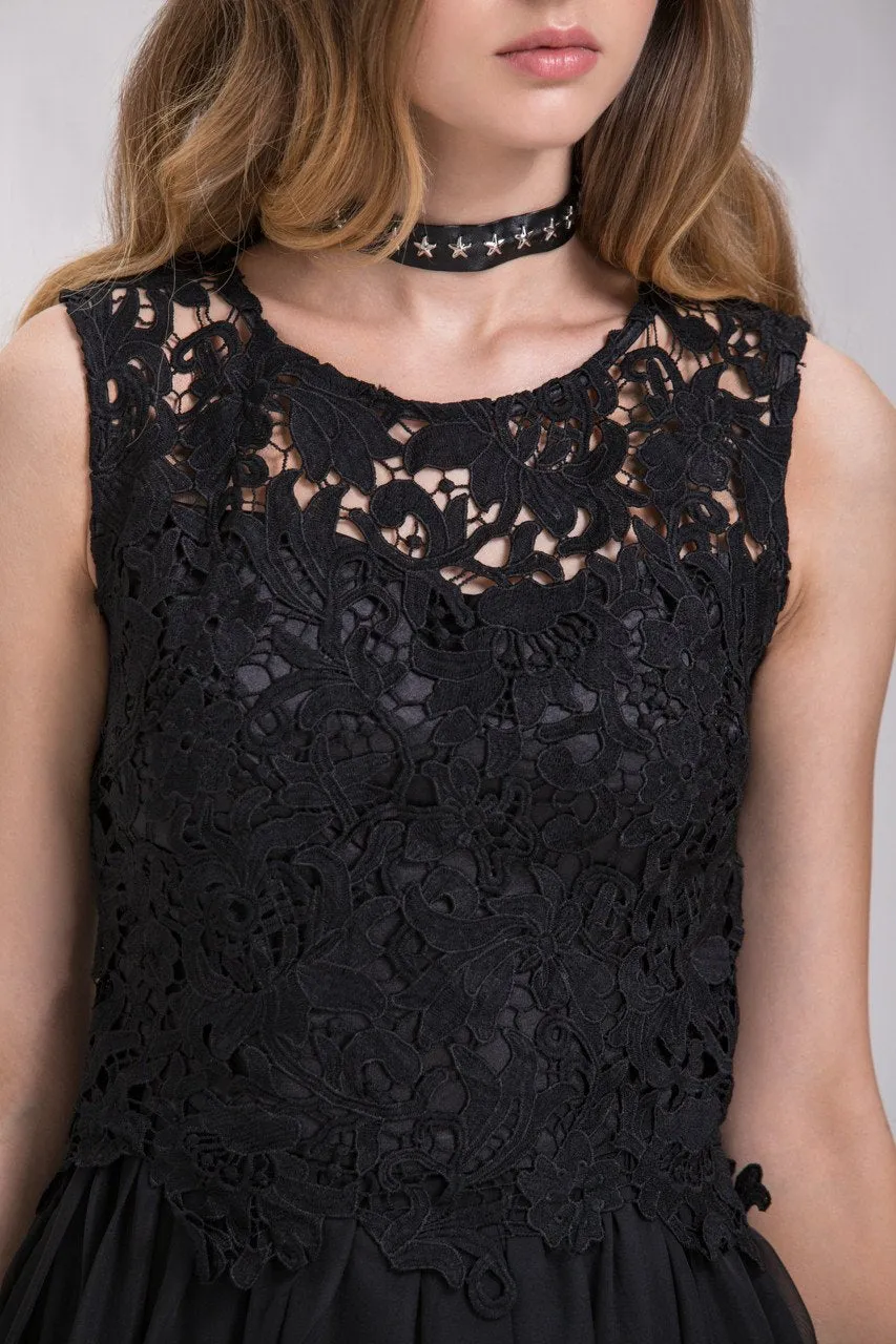 Black Embroidered Lace Chiffon Princess Mini Dress