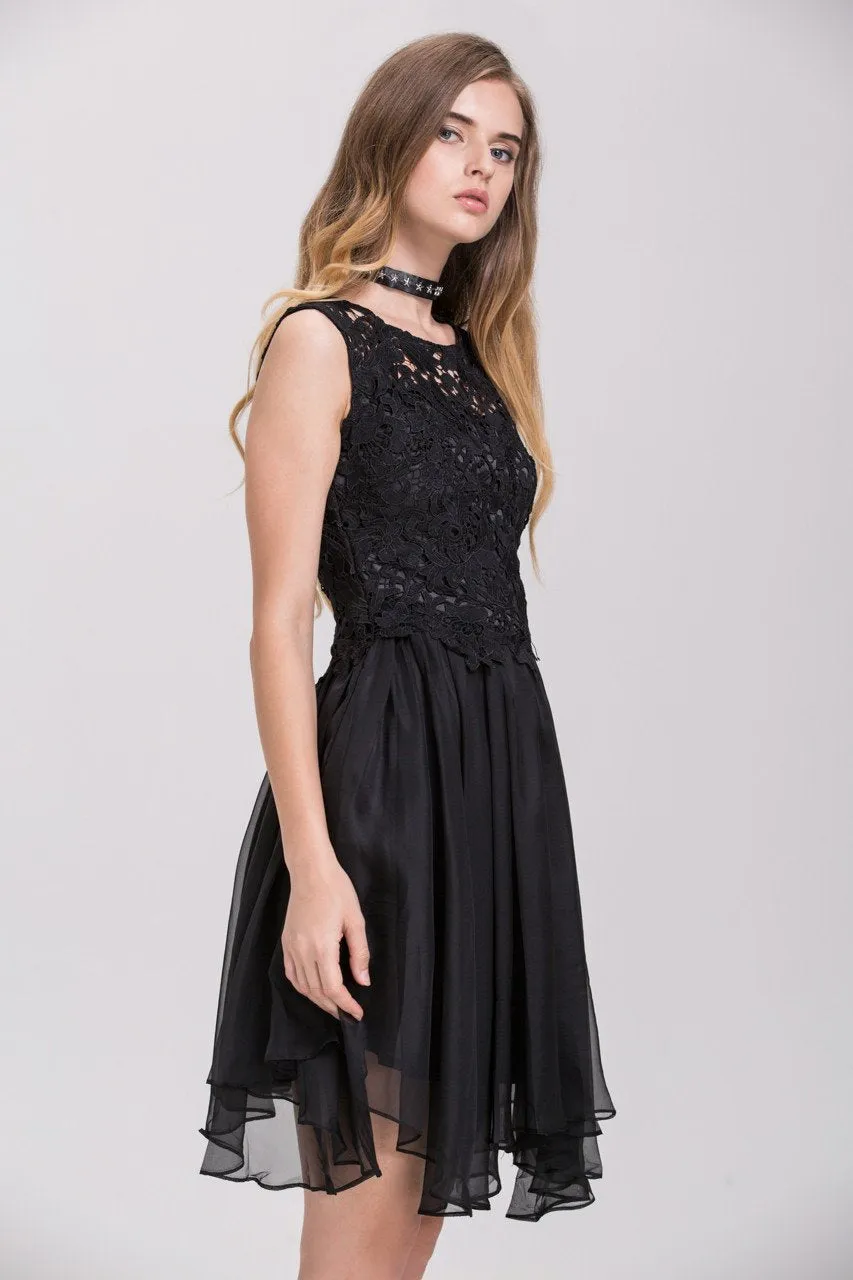 Black Embroidered Lace Chiffon Princess Mini Dress