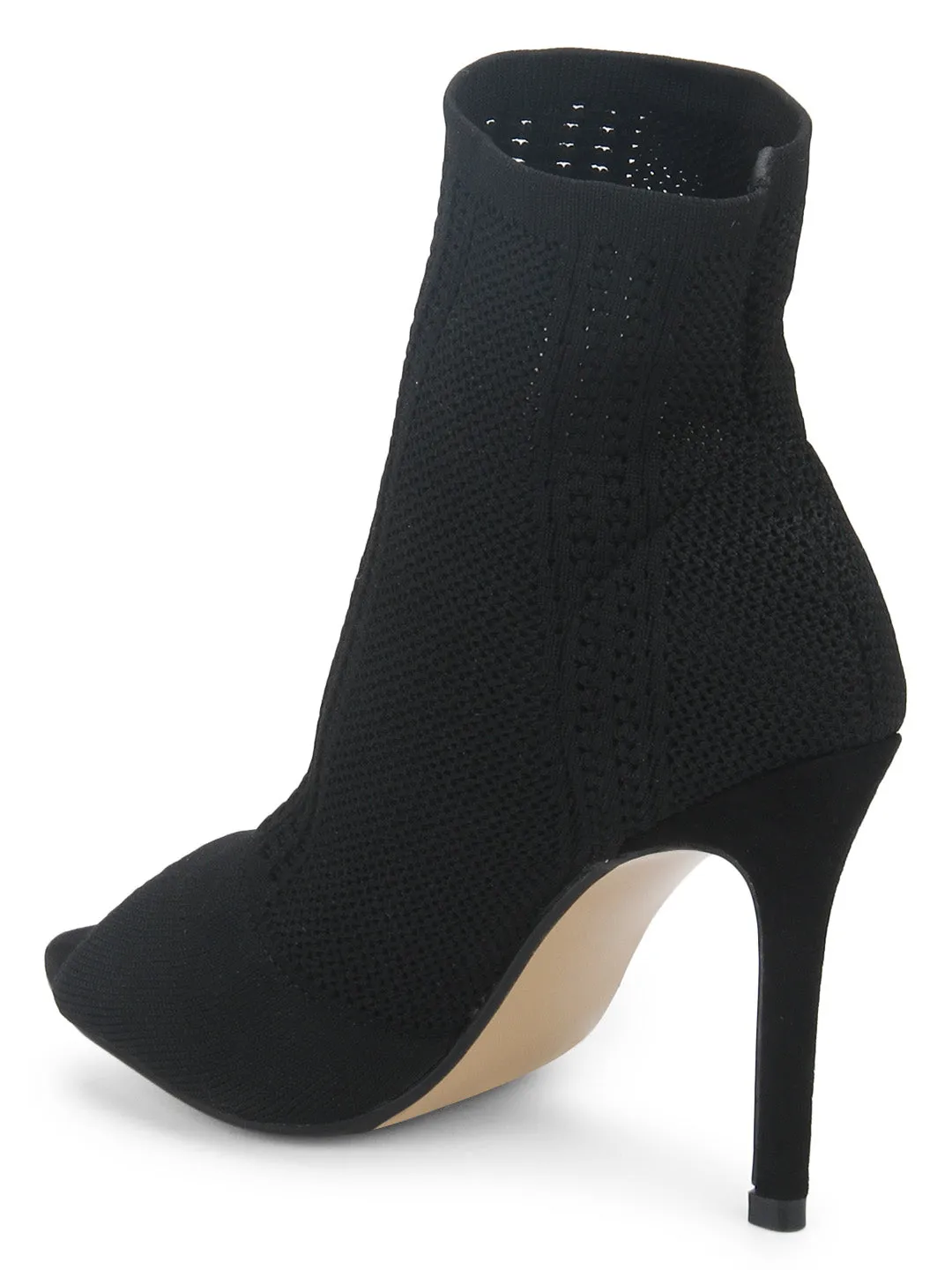 Black Knit Peep Toe Stiletto Ankle Boots