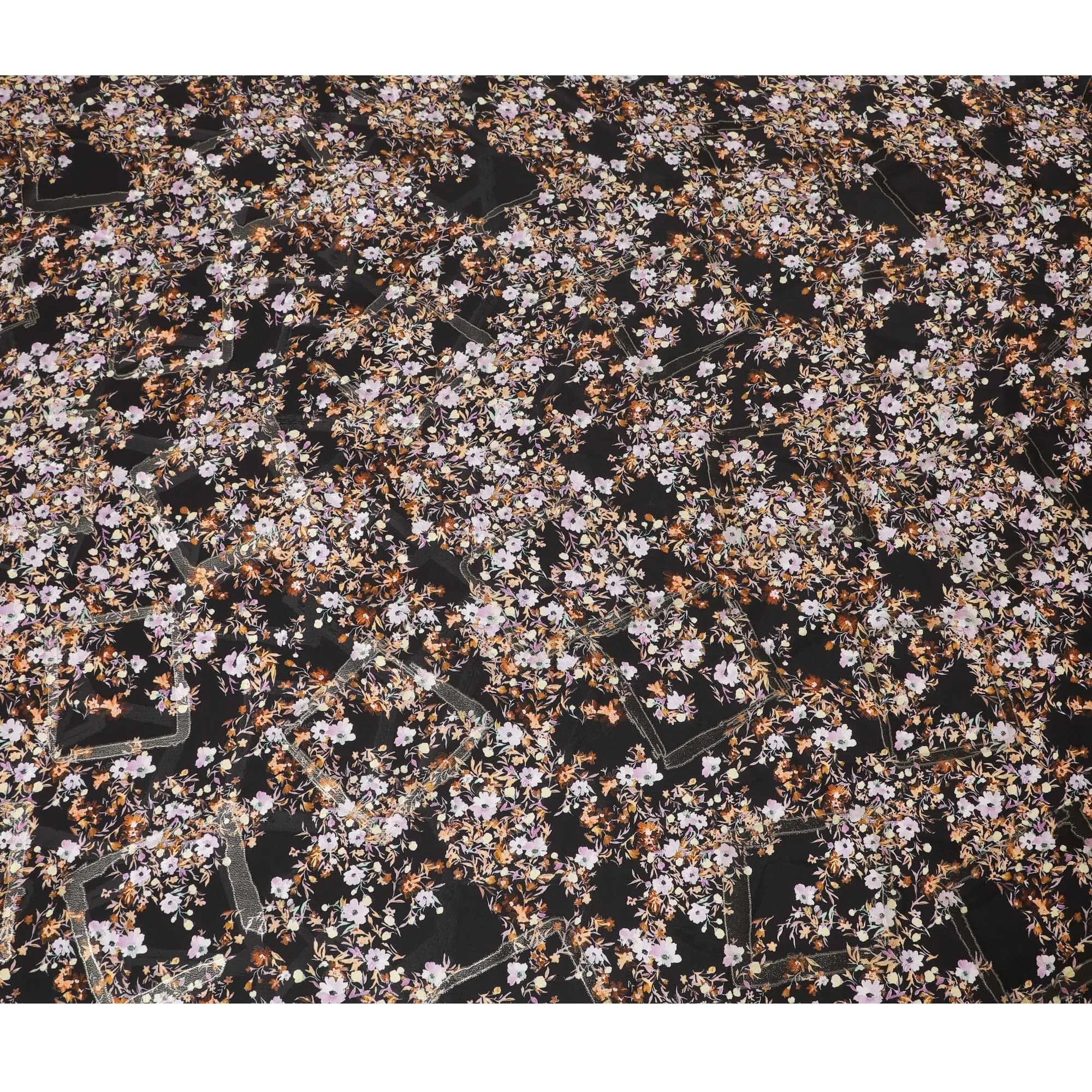 Black Premium pure silk crepe fabric with multicolor print having gold metallic lurex in floral design-D15731