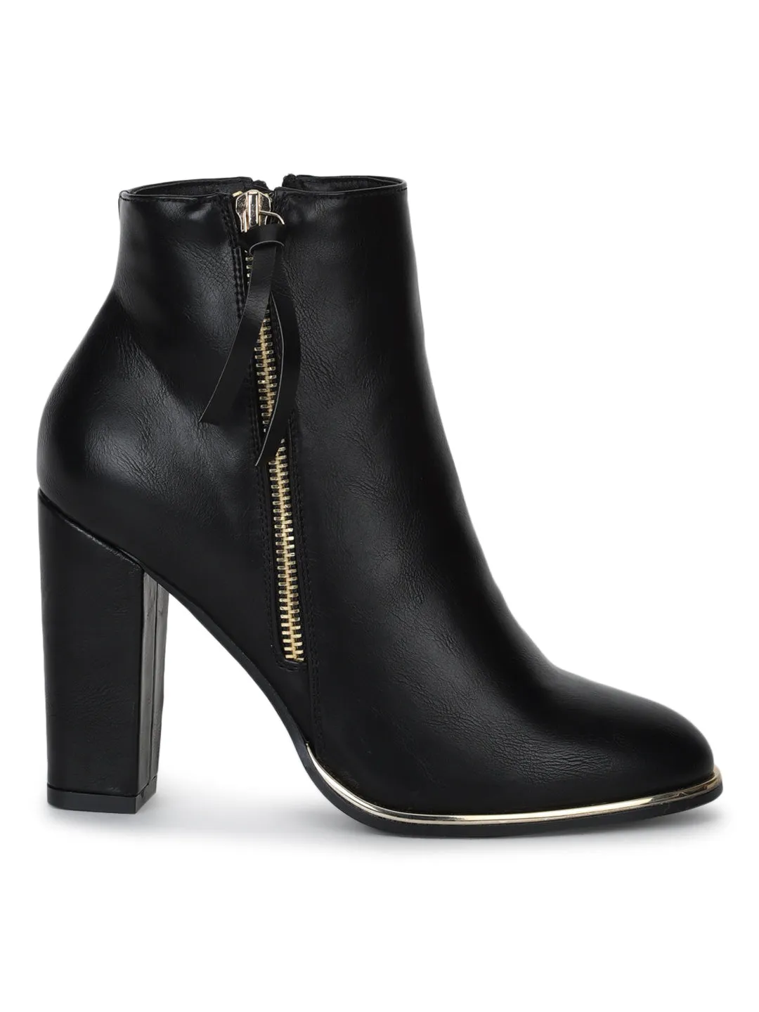 Black PU Side Zipper Block Heel Ankle Boots