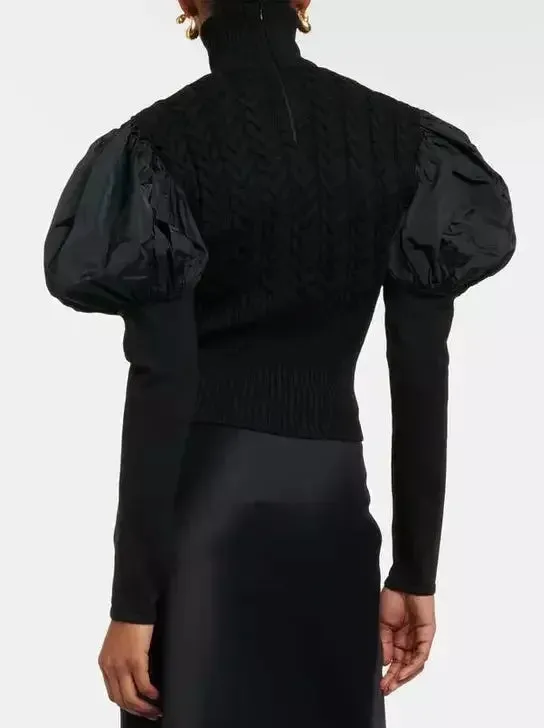 Black Puff-Sleeve Cable Knit Turtle-Neck Sweater