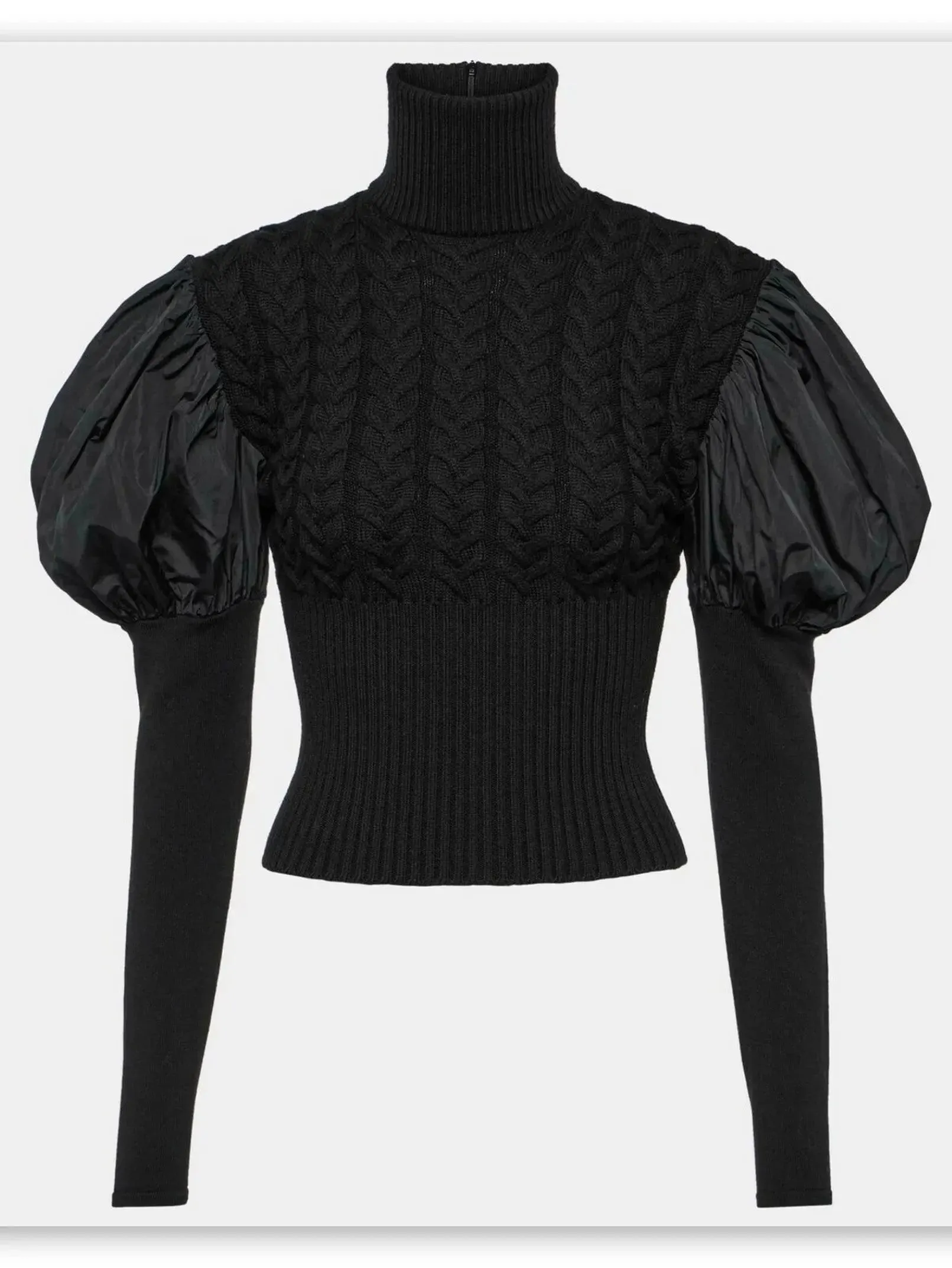 Black Puff-Sleeve Cable Knit Turtle-Neck Sweater