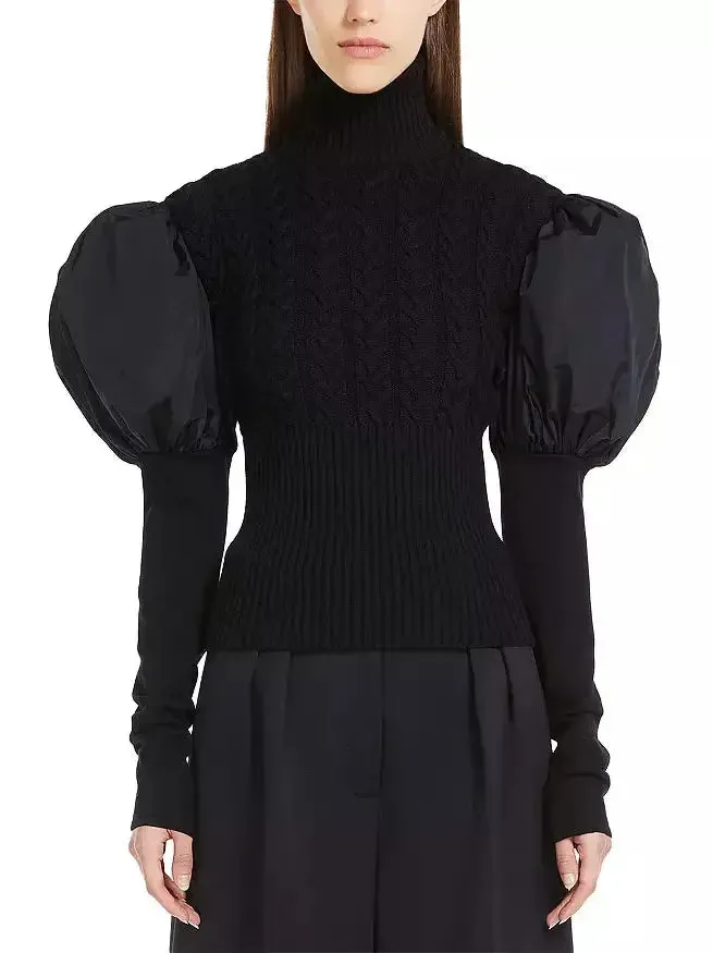 Black Puff-Sleeve Cable Knit Turtle-Neck Sweater