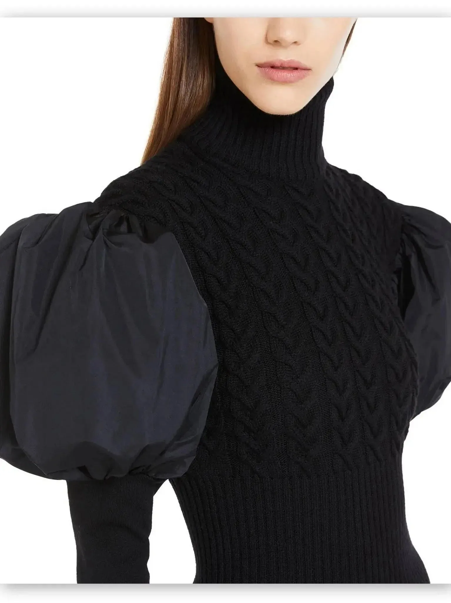 Black Puff-Sleeve Cable Knit Turtle-Neck Sweater