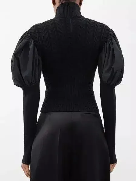 Black Puff-Sleeve Cable Knit Turtle-Neck Sweater