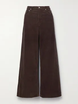 Brown cotton-blend corduroy wide-leg pants