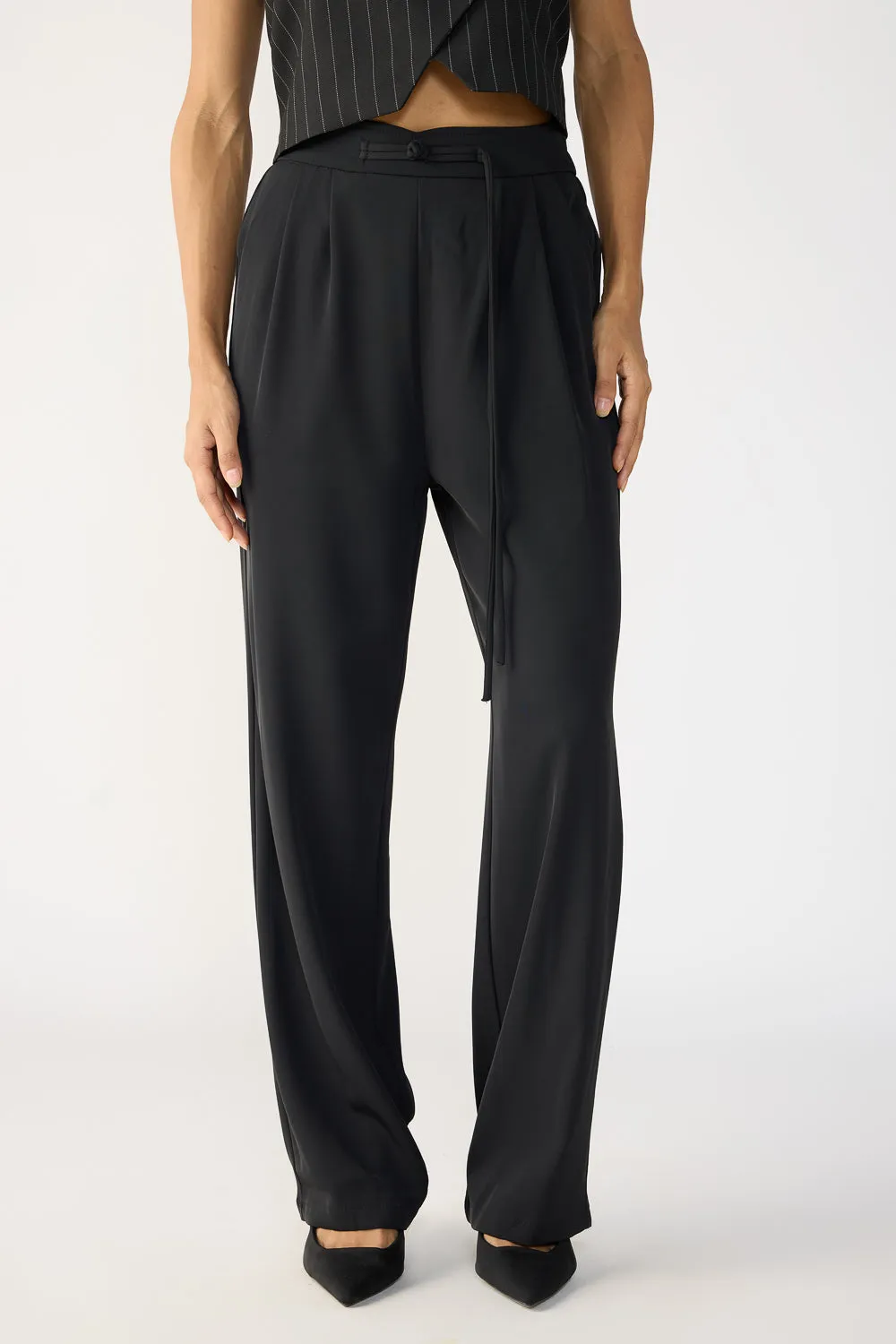 Caviar Black Knotted Waist Korean Pants