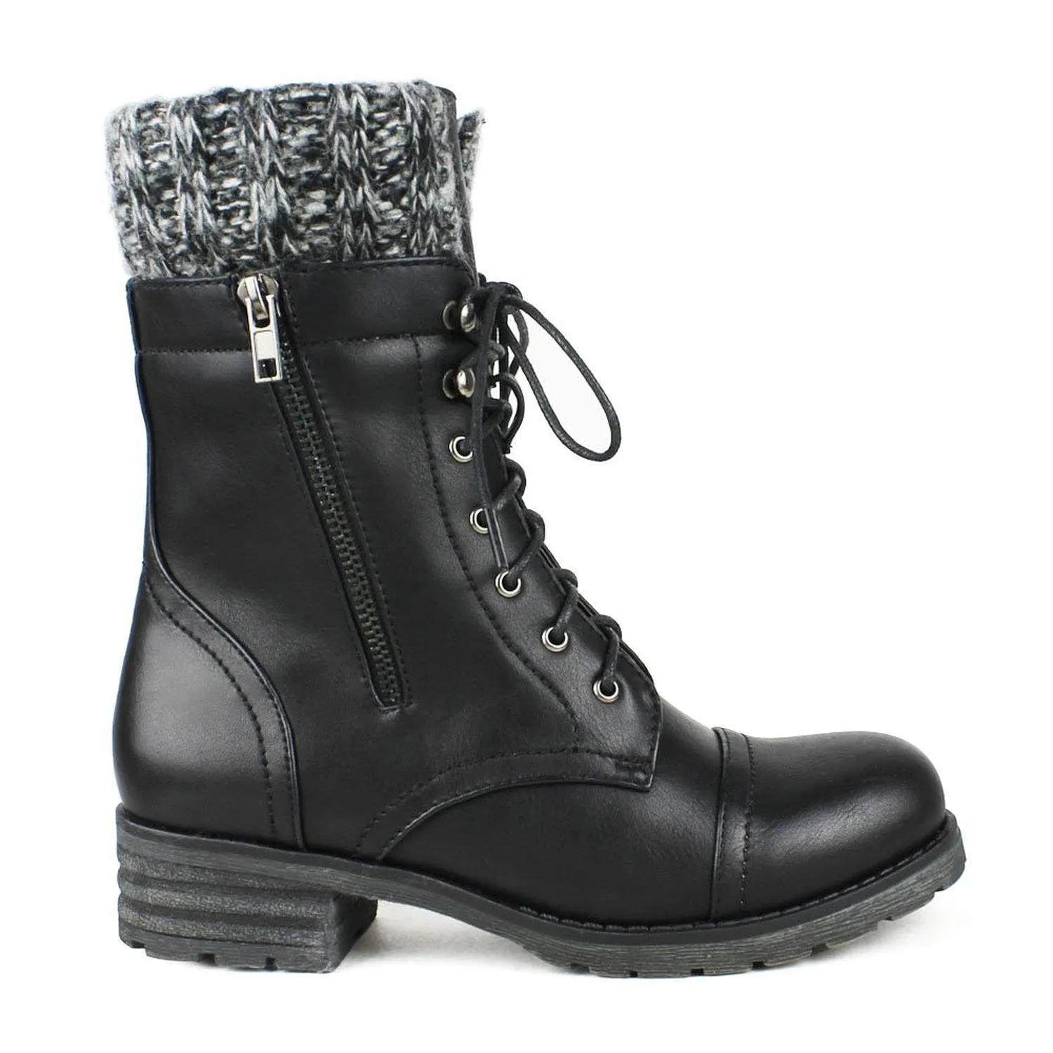 Cozy Sweater Cuffed Combat Lace Up Vegan Leather Boots