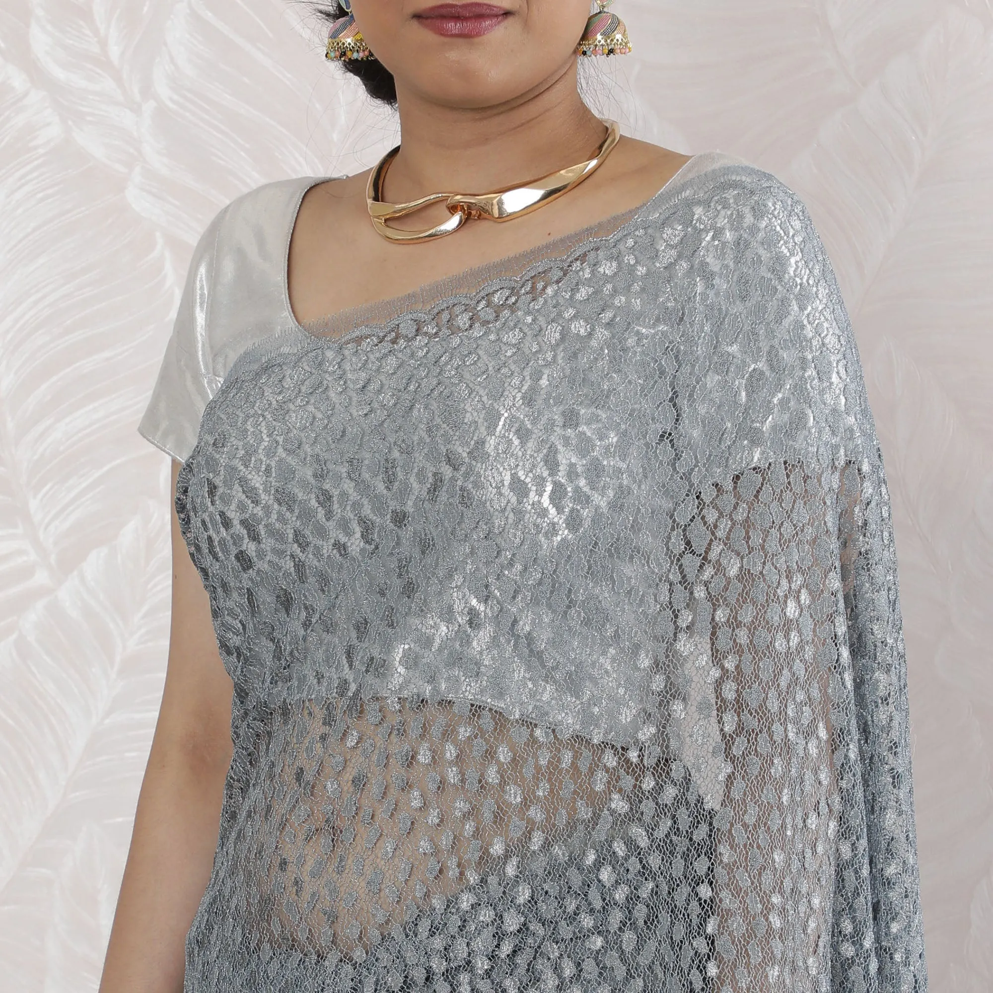 Elegant French Metallic Chantilly Lace Saree in Steel Grey - 5.5 Mtrs, 110 cm-D19531