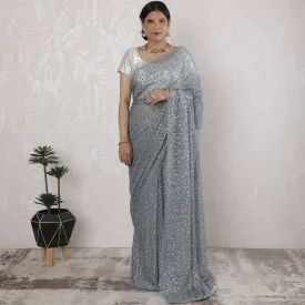 Elegant French Metallic Chantilly Lace Saree in Steel Grey - 5.5 Mtrs, 110 cm-D19531