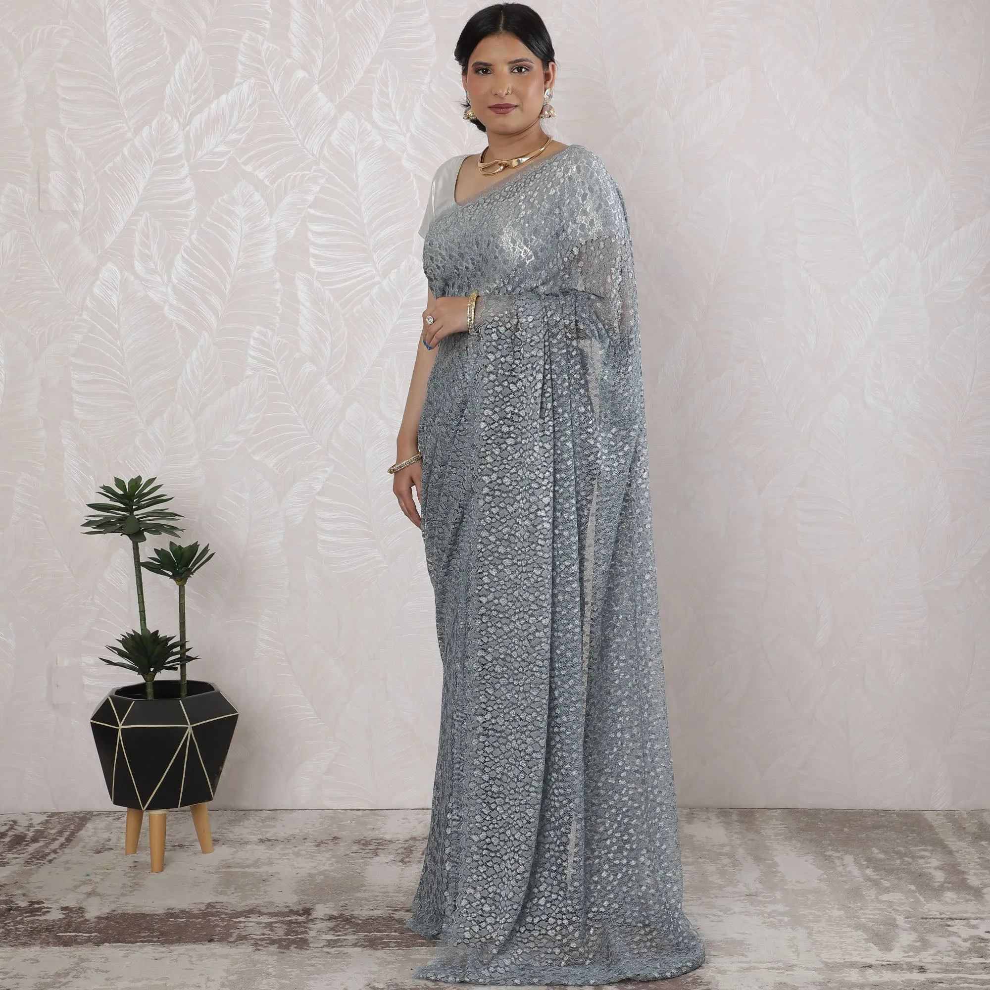 Elegant French Metallic Chantilly Lace Saree in Steel Grey - 5.5 Mtrs, 110 cm-D19531