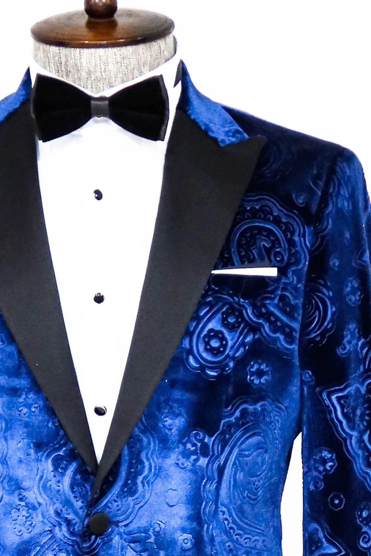 Floral Patterned Velvet Navy Blue Men Tuxedo Blazer - Wessi