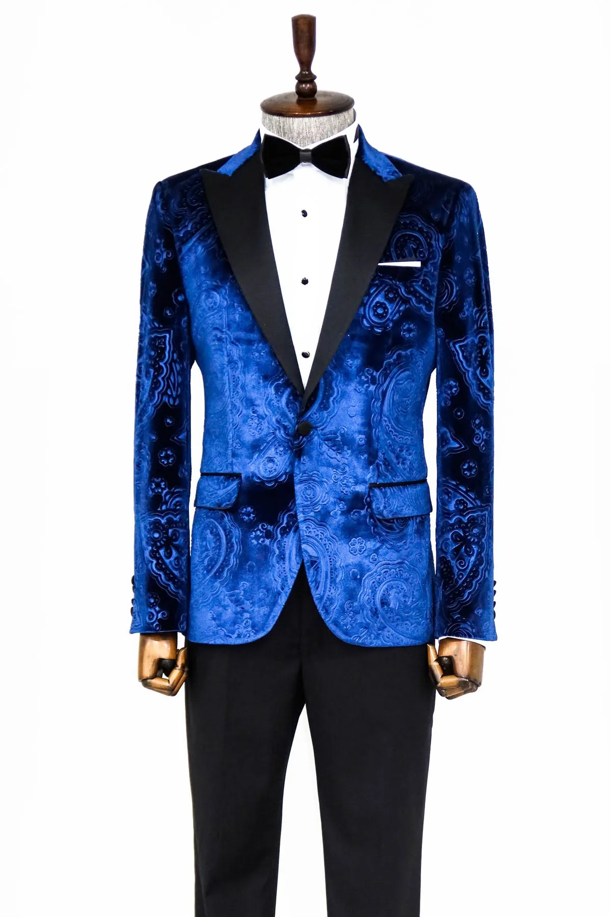 Floral Patterned Velvet Navy Blue Men Tuxedo Blazer - Wessi