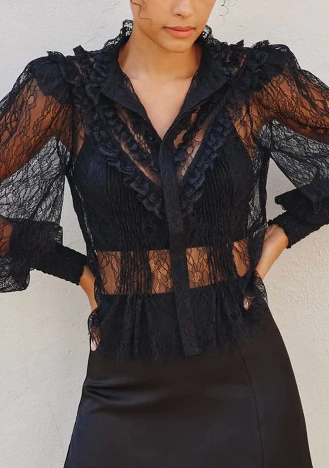 Frilly Lace Structured Shoulder Blouse