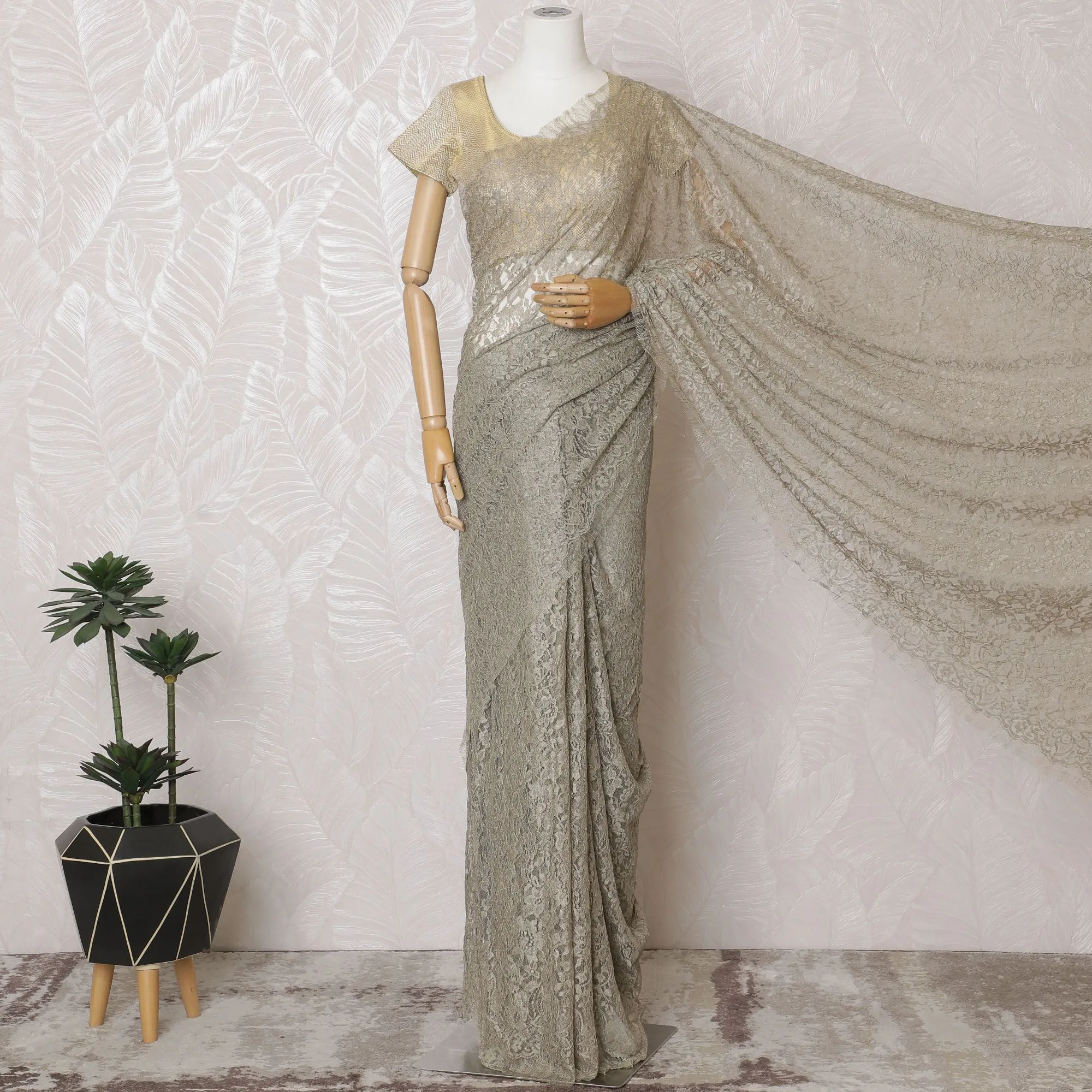 Glistening Silver Lace Saree: Exquisite French Craftsmanship, Excludes Blouse-D17448