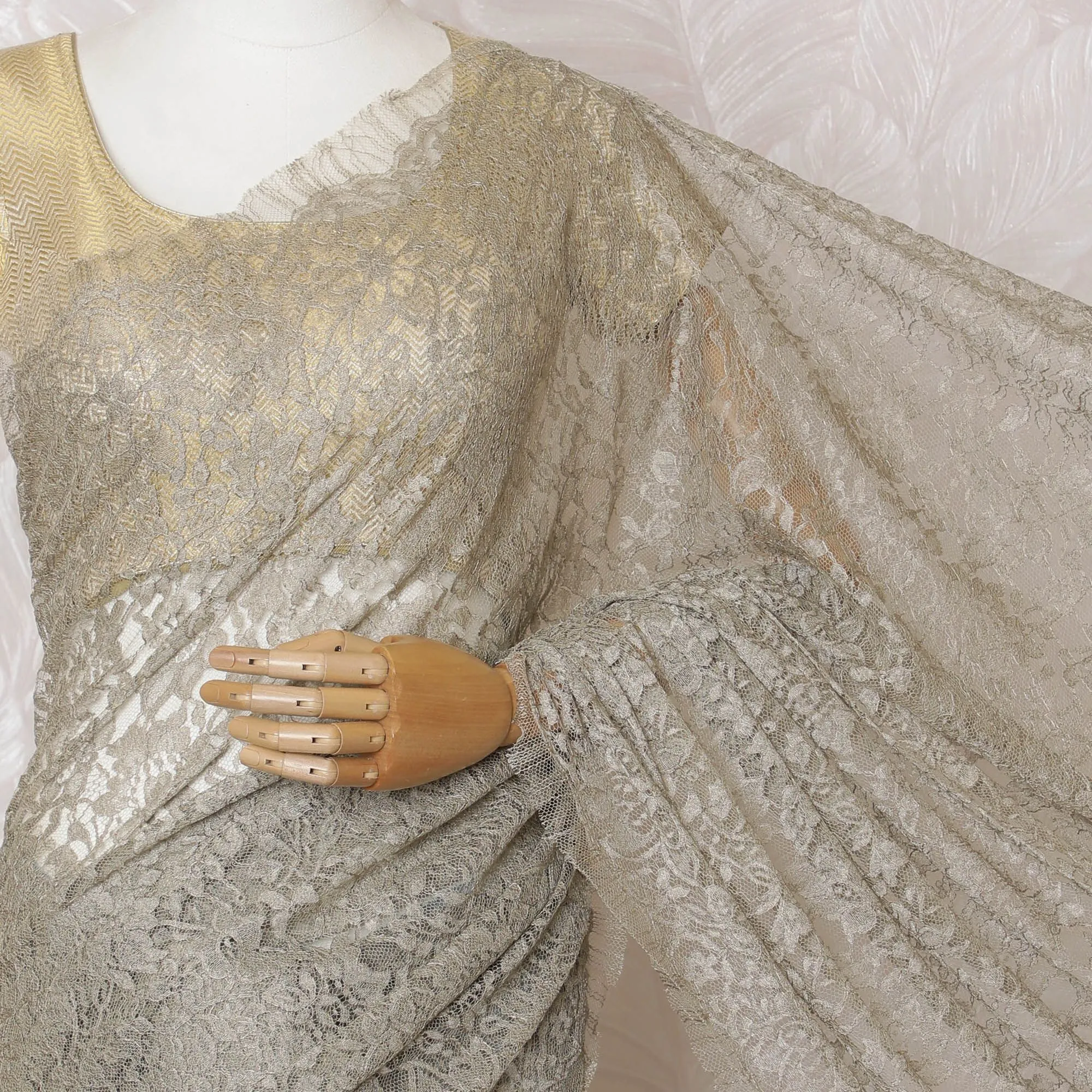 Glistening Silver Lace Saree: Exquisite French Craftsmanship, Excludes Blouse-D17448