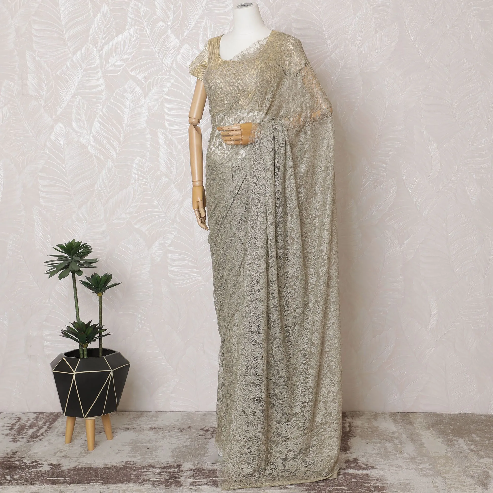 Glistening Silver Lace Saree: Exquisite French Craftsmanship, Excludes Blouse-D17448