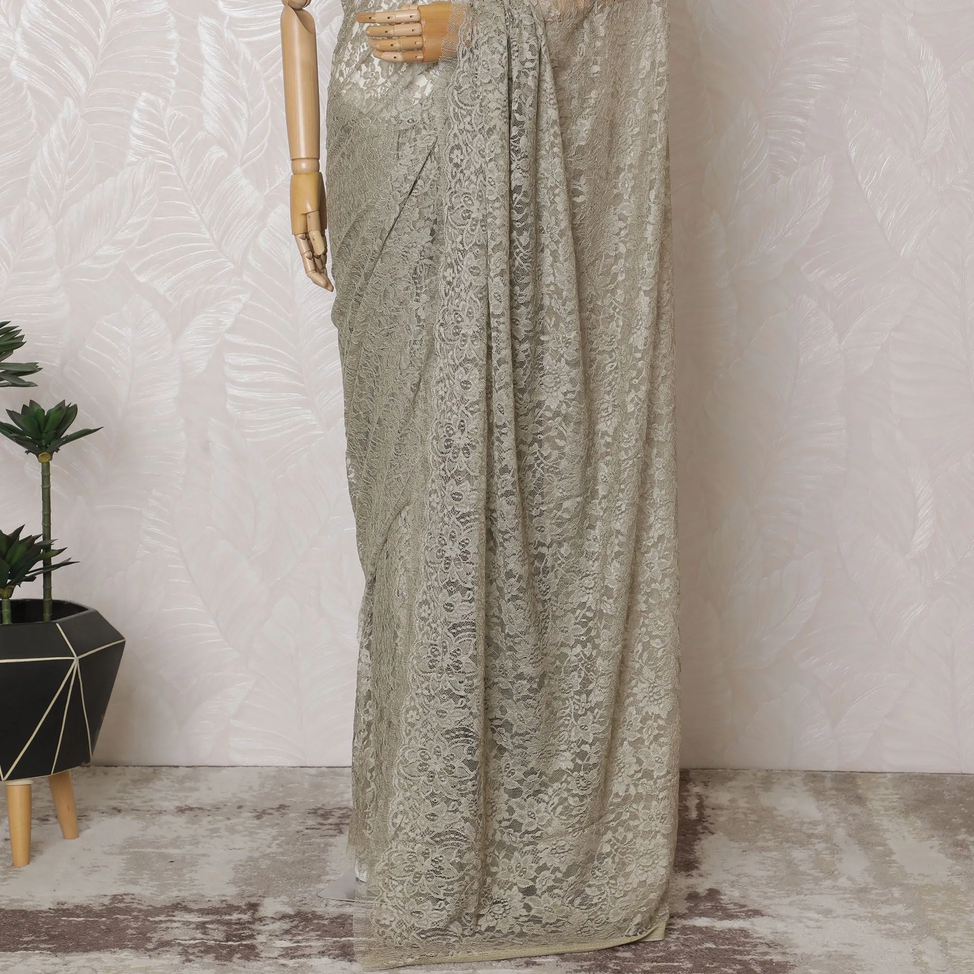 Glistening Silver Lace Saree: Exquisite French Craftsmanship, Excludes Blouse-D17448