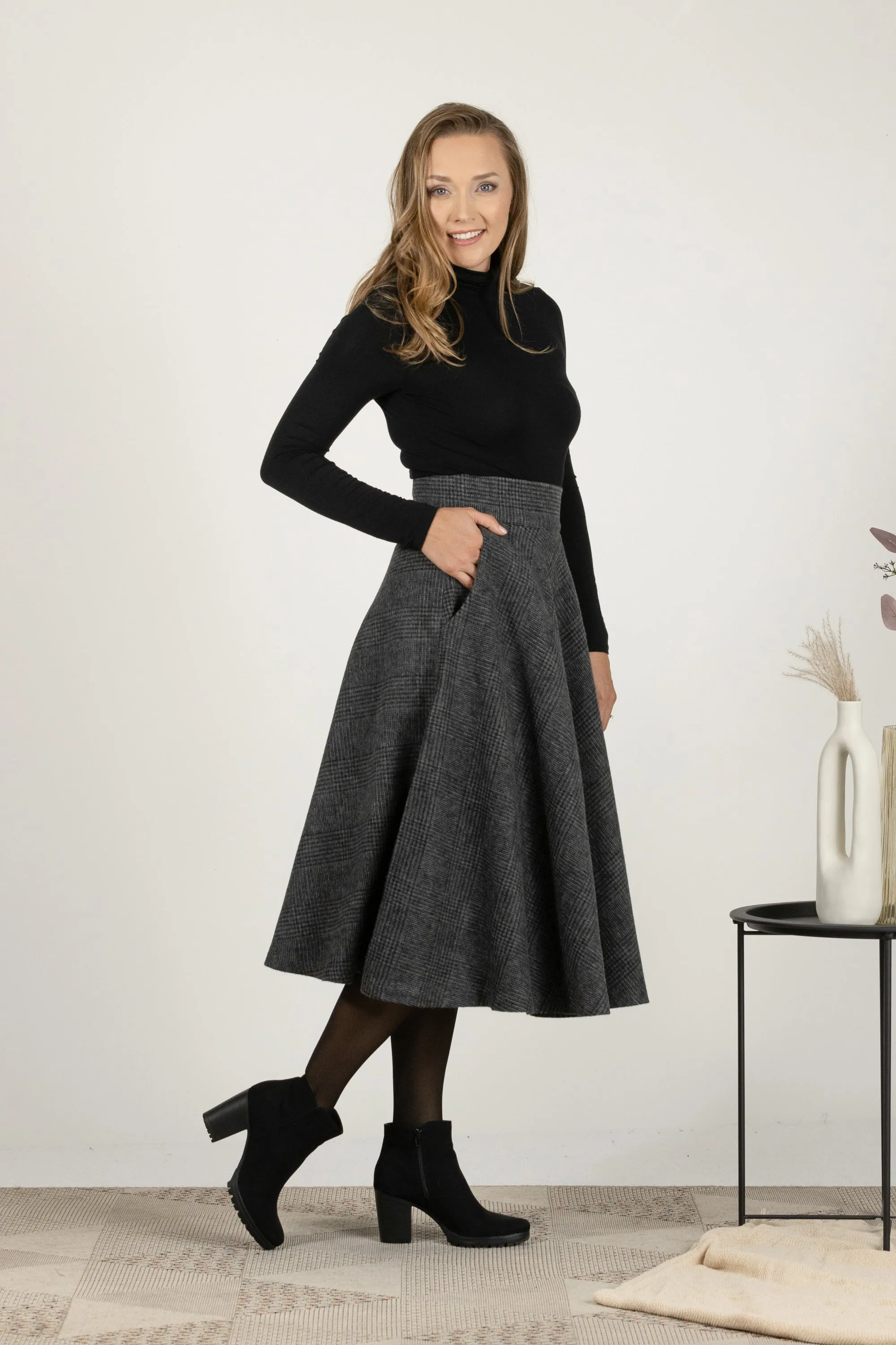 Gray Plaid High Waist Wool Midi Skirt