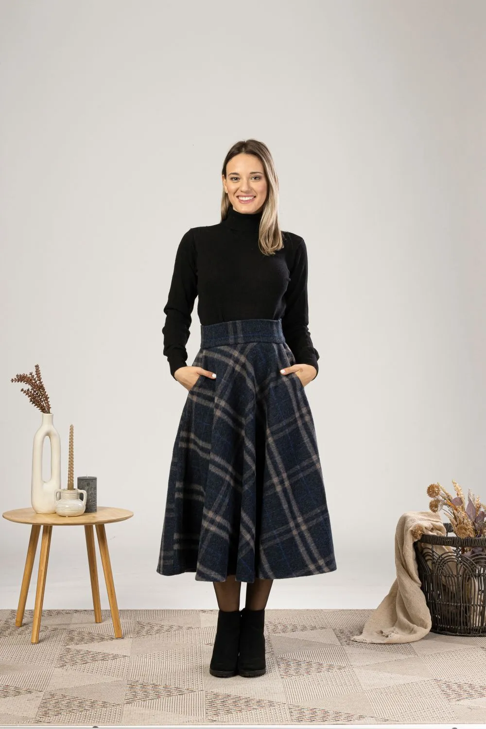 Gray Plaid High Waist Wool Midi Skirt