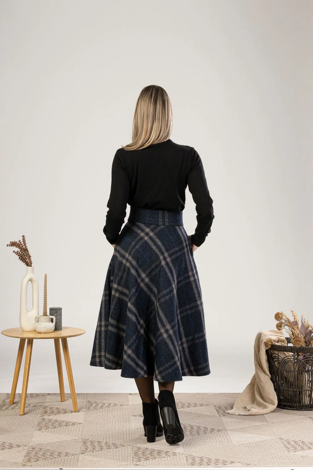 Gray Plaid High Waist Wool Midi Skirt