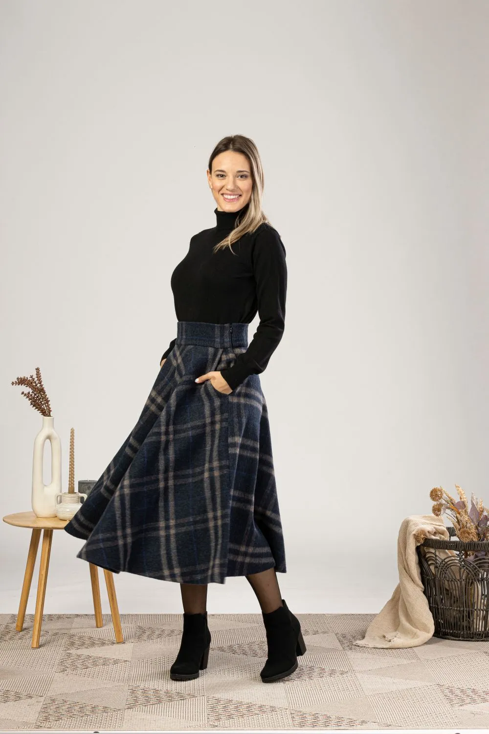 Gray Plaid High Waist Wool Midi Skirt