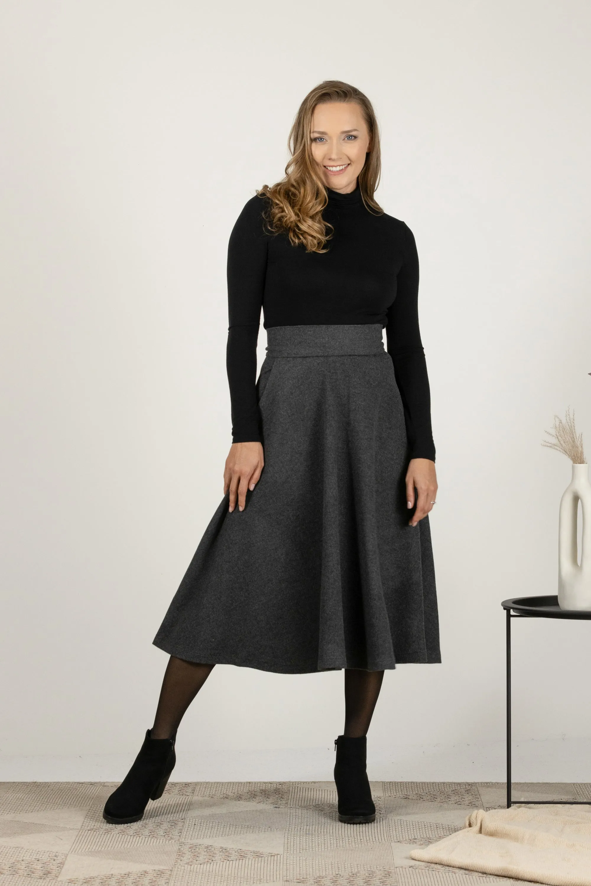 Gray Plaid High Waist Wool Midi Skirt