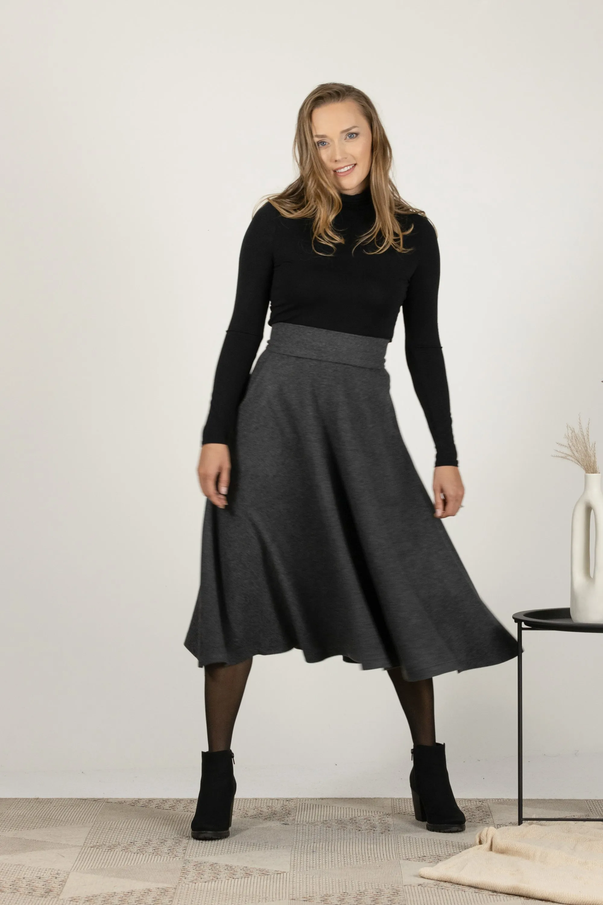 Gray Plaid High Waist Wool Midi Skirt