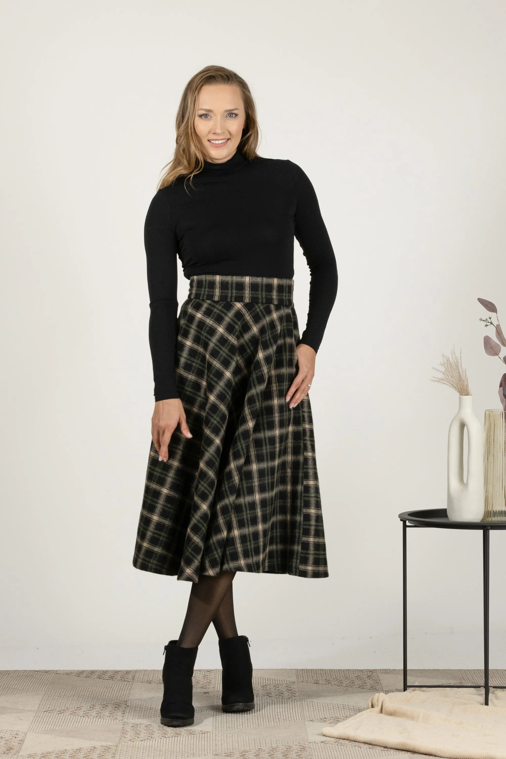 Gray Plaid High Waist Wool Midi Skirt