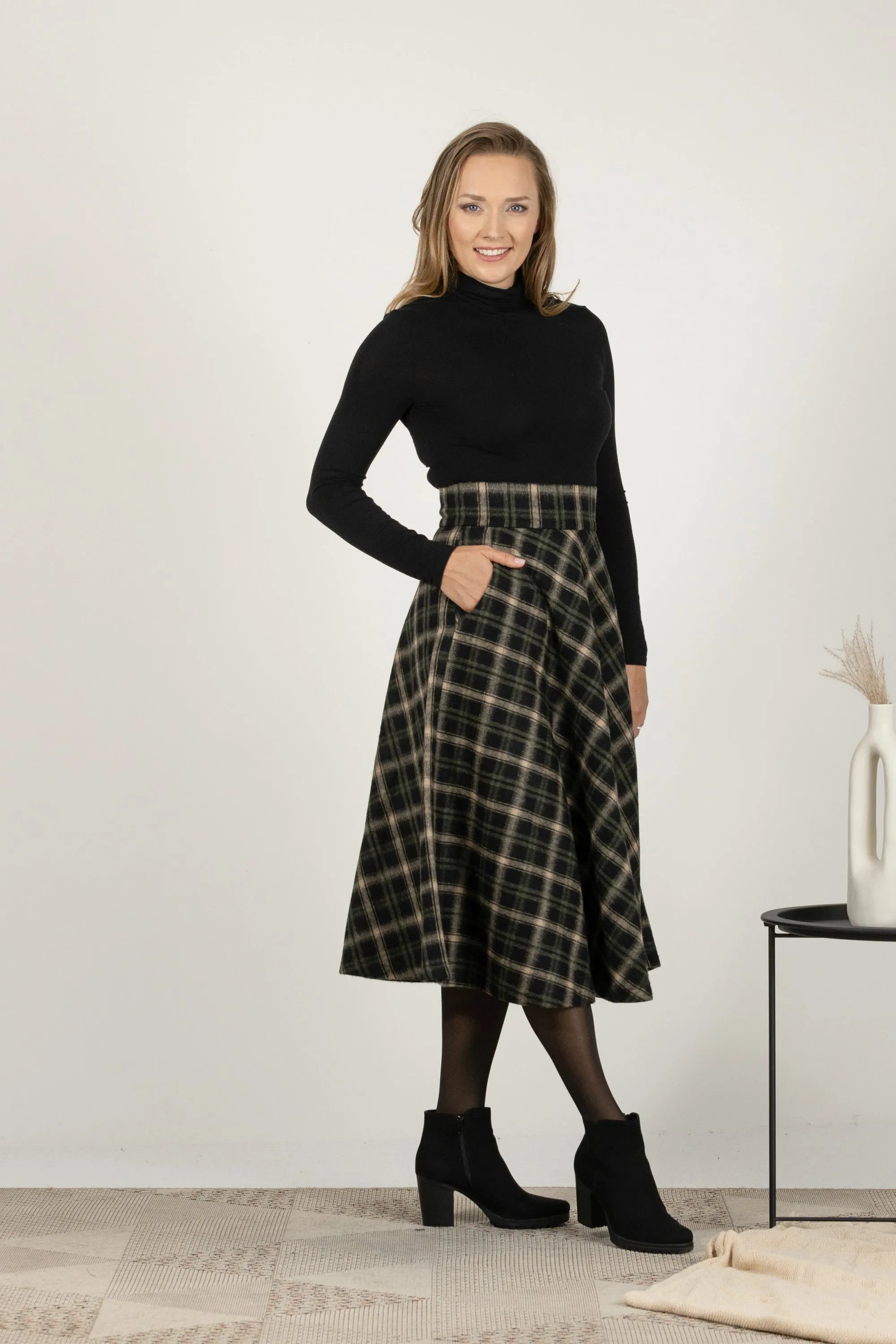 Gray Plaid High Waist Wool Midi Skirt