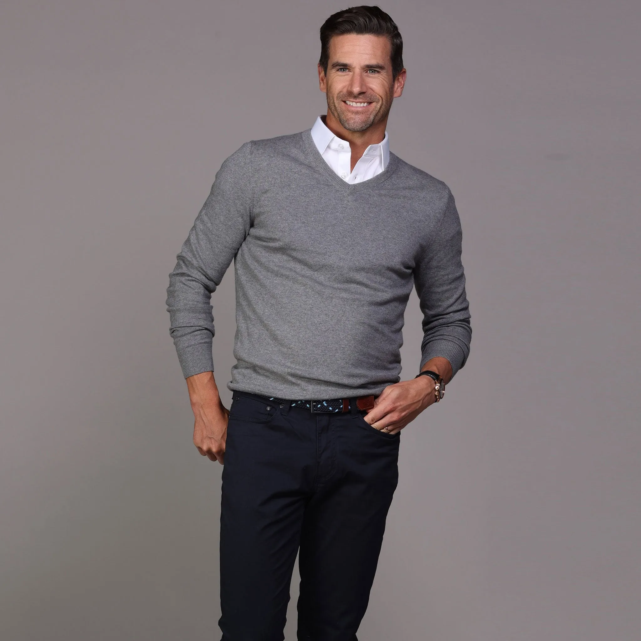 Grey Luxury Touch Cotton and Cashmere V-Neck Sweater