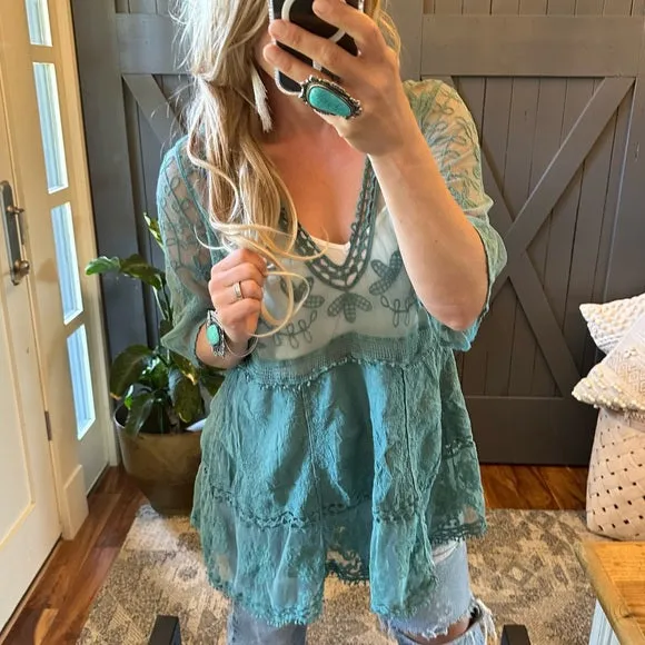 Hailey Teal Crochet Lace Blouse Bohemian Blouse