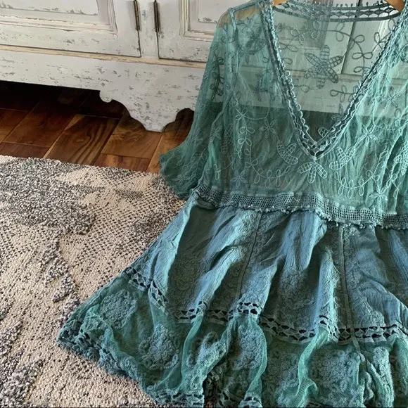 Hailey Teal Crochet Lace Blouse Bohemian Blouse