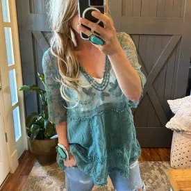 Hailey Teal Crochet Lace Blouse Bohemian Blouse