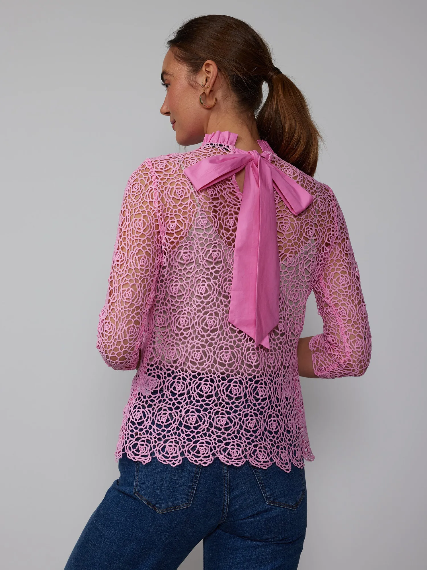 High Neck Bow Back Lace Blouse