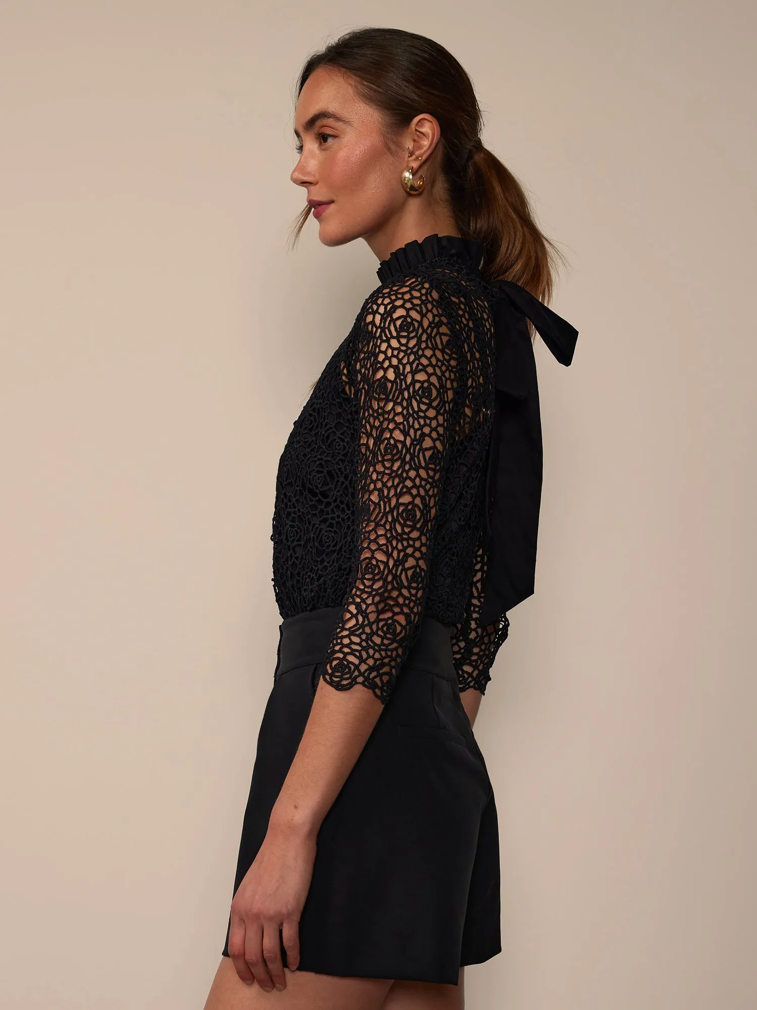 High Neck Bow Back Lace Blouse