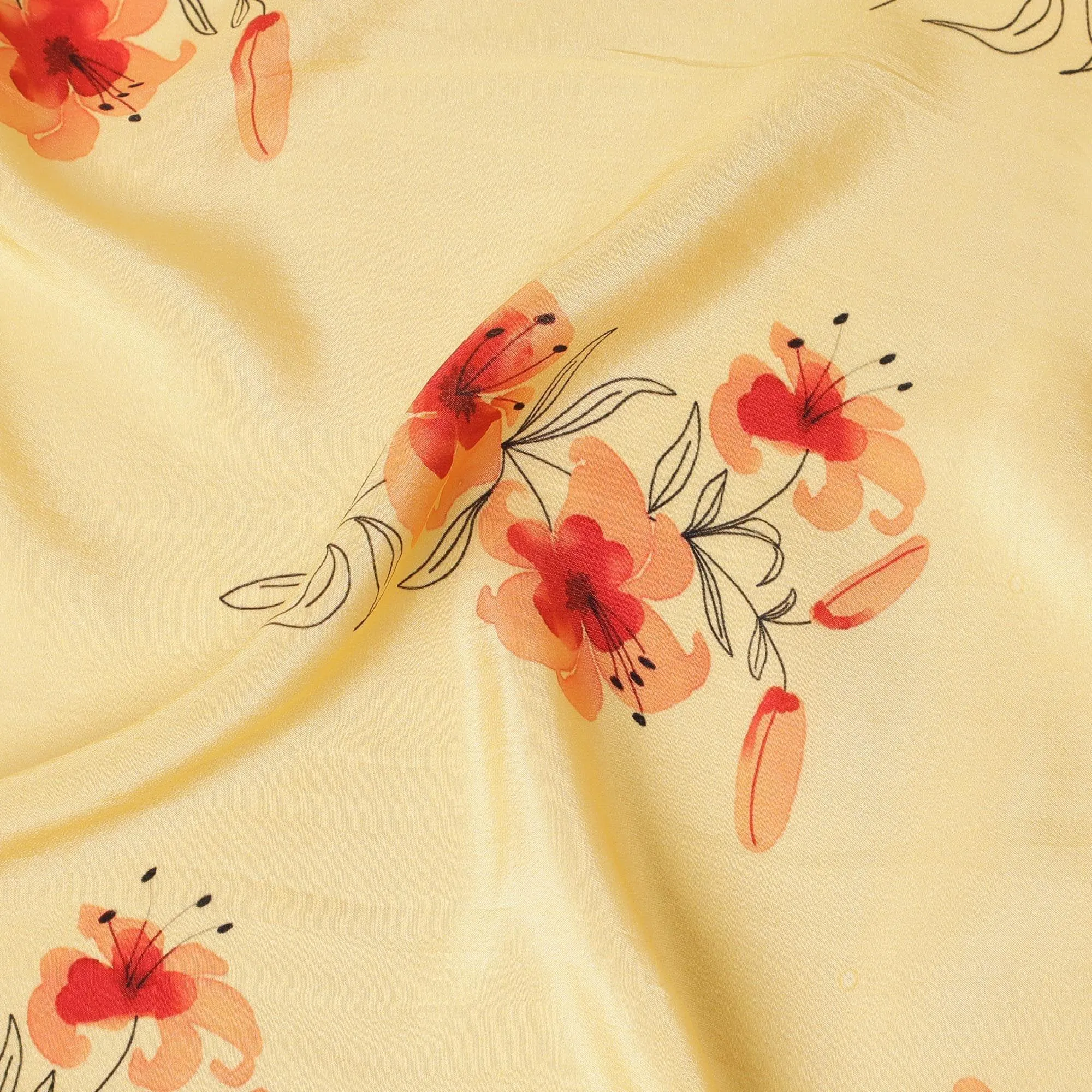 Honey yellow Premium pure silk crepe fabric with peach, orange and black print in floral design-D13852