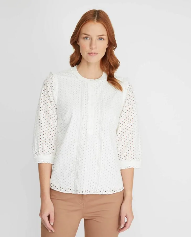 Ivory Embroidered Blouse with Lace Trim