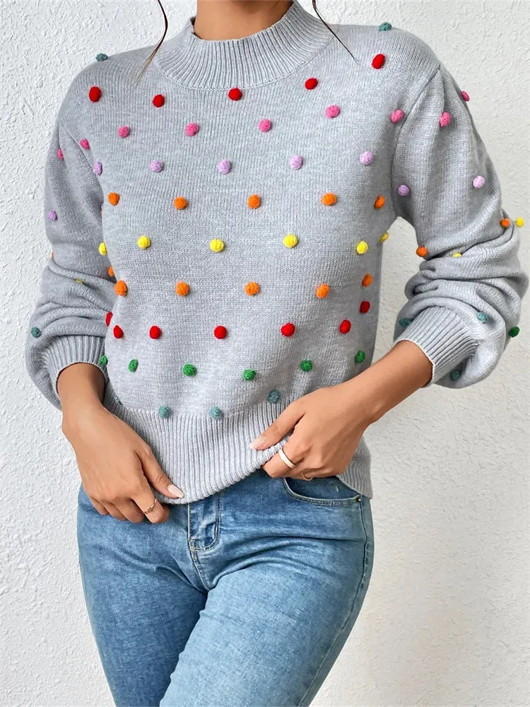 JuliaFashion - Autumn Winter Warm Colorful Pom Long Lantern Sleeve High Neck Loose Fit Knitted Pullovers Sweater