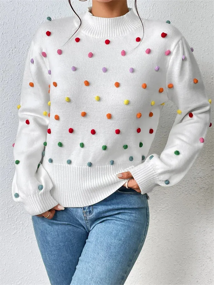 JuliaFashion - Autumn Winter Warm Colorful Pom Long Lantern Sleeve High Neck Loose Fit Knitted Pullovers Sweater