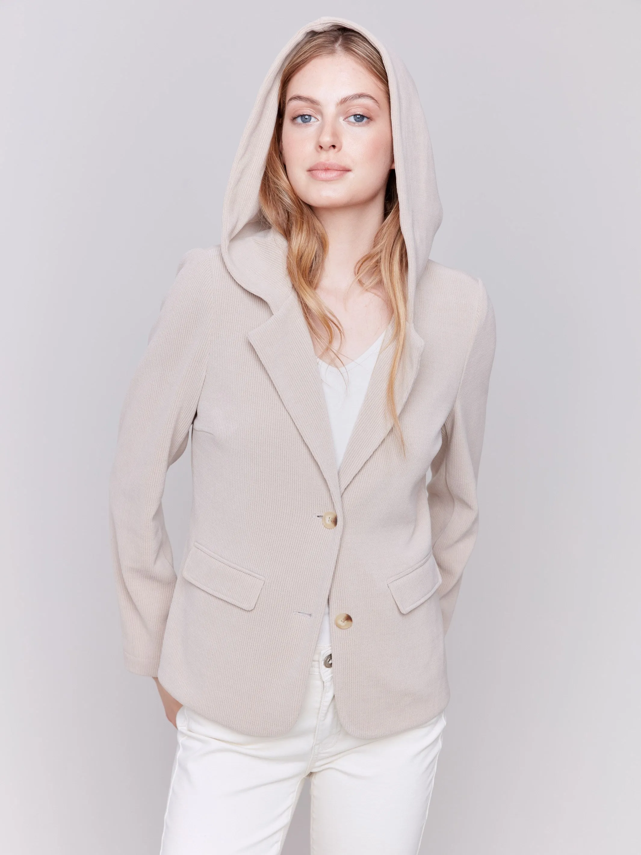 Knit Corduroy Blazer with Hood - Almond